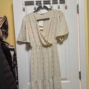 Cream Textured V-Neck Midi Dress with Flutter Sleeves